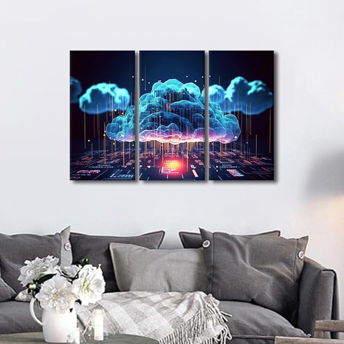 TUMOVO Modern Wall Art Multi Panel Firewall Network Security, Artificial Intelligence, Cyber Security, Cloud Managed Picture Prints on Canvas Print Art for Living Room Decoration, 36" Wx24 H