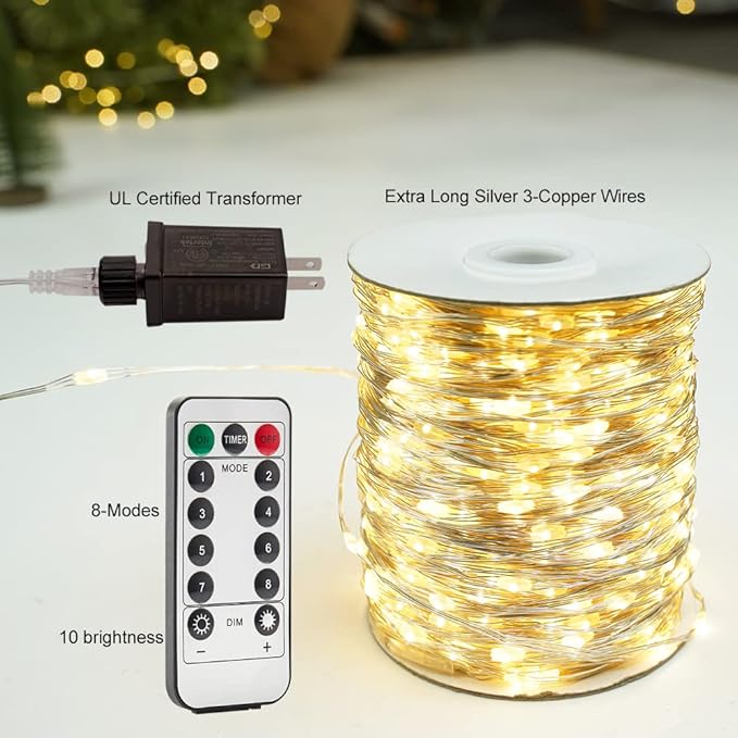 Plug in Fairy Lights 66FT 200 LED Waterproof Silver Wire LED Twinkle String Lights with Remote for Living Room Bedroom Patio Porch Garden Christmas Tree Wedding