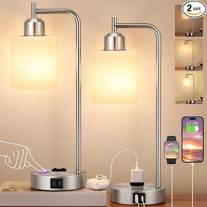 Innqoo Industrial Nickel Table Lamps for Bedrooms Set of 2-3-Way Dimmable Desk Lamp with USB C+A Ports and Outlet, Sliver Lamps with Striped White Glass Shade for Living Room