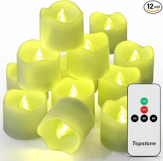 Topstone Green Remote Control Flameless Tealight Candles,CR2450 Battery Powered Votive Candles with Timer,Electric Fake Candle for Home, Christmas Decoration,Pack of 12