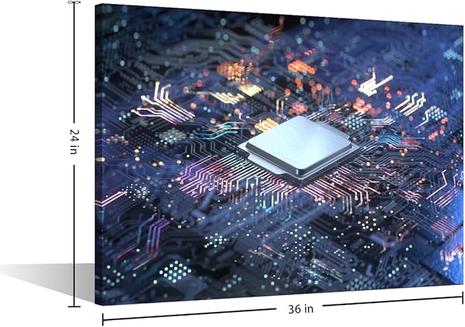 TUMOVO Computer Chip Wall Art for Bedroom CPU Concept Canvas Art Wall Decor Futuristic CPU Modern Wall Art Pictures for Living Room Artwork Paintings Giclee Framed Ready to Hang, 36x24in
