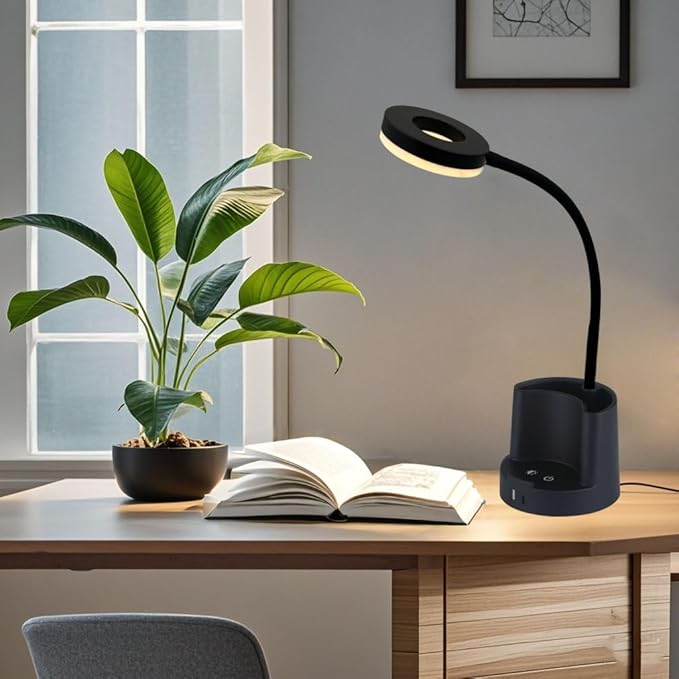 HomeFocus LED Desk Lamp,Eye-Caring Dimmable Reading Light,RGB Night Light,Student Lamp,Lamp,Table Lamp,Metal Flexible Gooseneck Lamp,Desk Lamp for Home,Office,Gift for Kids,Students,Women,Black.