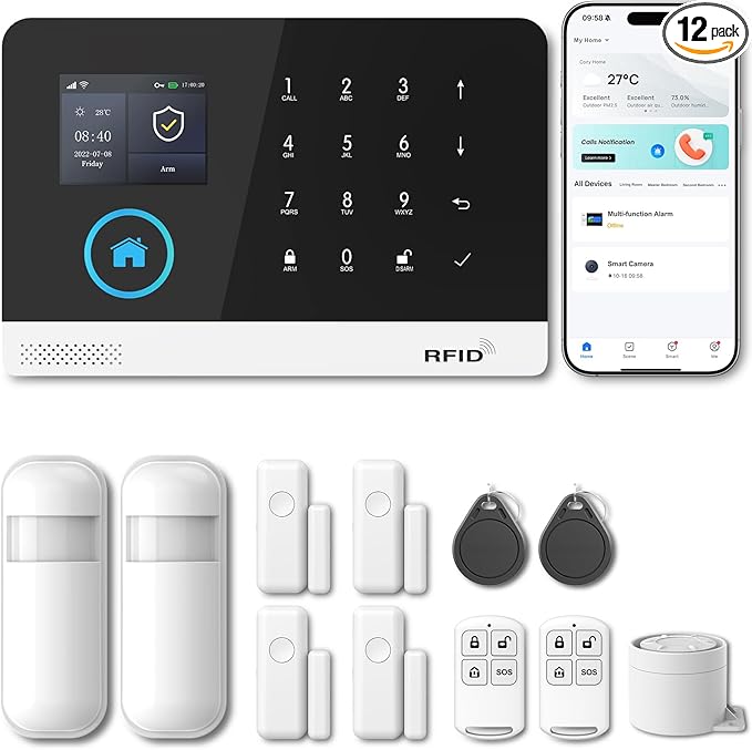 PGST Home Security Systems for House, Wireless Home Security Alarm System, Door/Window Sensor Motion Sensors with App Alert, WiFi+GSM 4G Home Alarm System No Subscription（103-C）