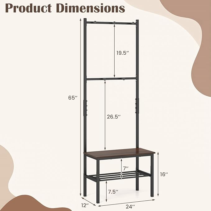 Giantex 3-in-1 Hall Tree with Bench and Shoe Storage, Freestanding Coat Rack with Hooks, Heavy Duty Metal Frame, Industrial Narrow Mudroom Organizer for Entryway Living Room Bedroom