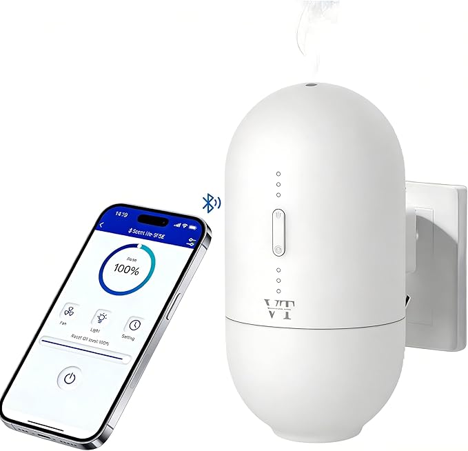 Plug in Waterless Oil Diffuser and 5 OZ Essential Oil for 600 Sq. Ft Room Home Hotel Office, Mini Wall Mounted Smart Scent Air Freshener Machine with Bluetooth App, House Outlet Aroma Diffuser White