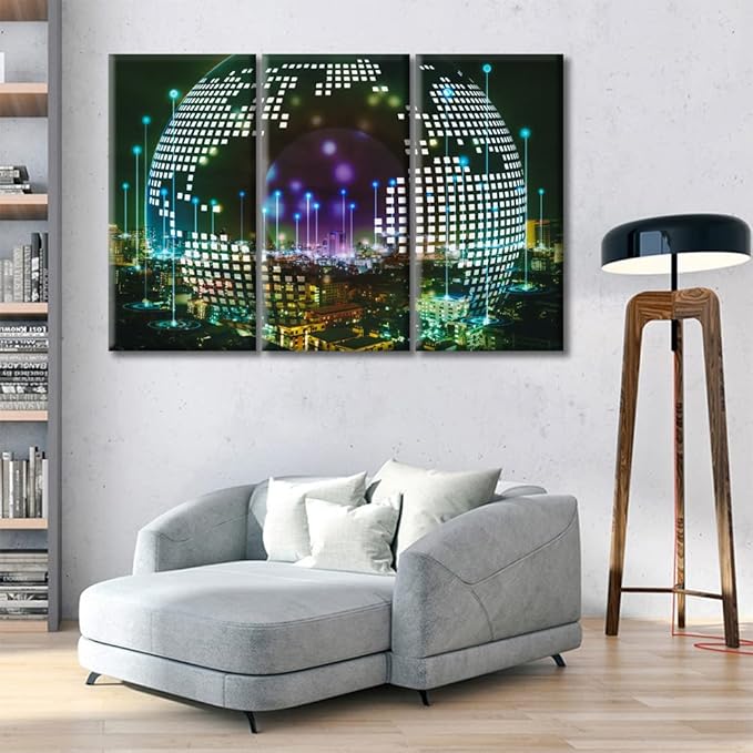Smart City and Information Technology Abstract Canvas Wall Art Communication Technology Concept Artwork Black and White Wall Art 3 Panel Artwork for Home Walls Framed Ready to Hang (42"Wx28"H)