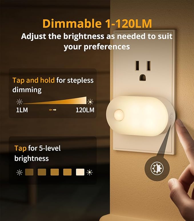 Lyridz 120LM Ultra Bright Plug-in Motion Sensor Night Light, Stepless Dimmable LED Nightlight, Always-On and Auto-Off, for Hallway, Stairs, Bathroom, Bedroom, Garage, Warm White (6-Pack)