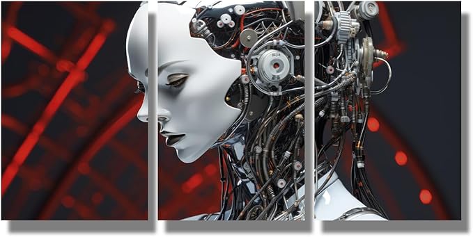 LSIUHWUWI Wall Art for Living Room 3 Panel Female Robot with Wires, and Metallic Finish Pictures Posters Contemporary Wall Decor for Home Office Hotel Wall Wooden Framed Ready to Hang 16x24inchx3