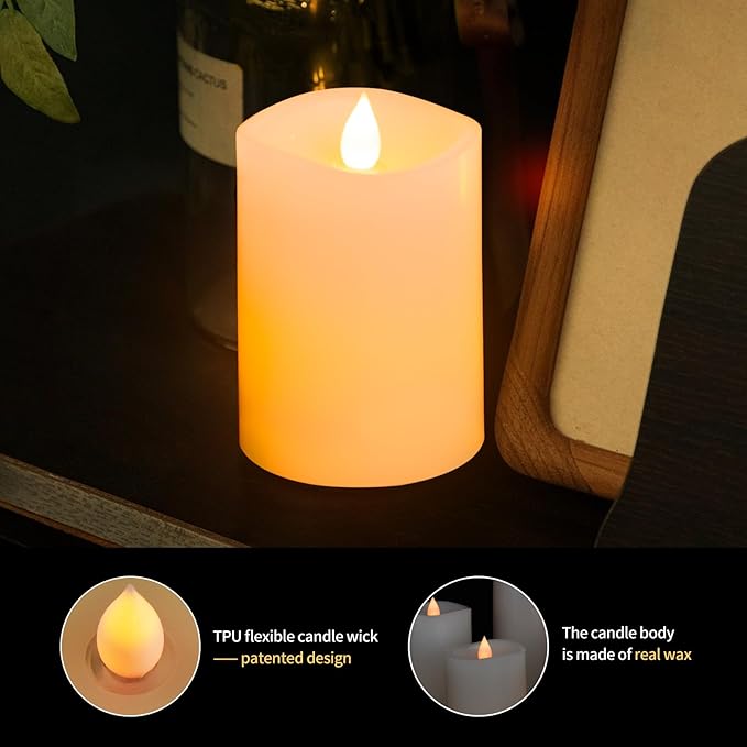 3x4 Flickering Flameless Candles Set of 3, 2AA Battery Life 600 Hours Battery Candles Flickering with Timer,4 inch Flameless Candles with Remote for Indoor/Outdoor, Ivory