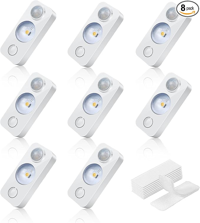 LED Motion Sensor Puck Lights, Rechargeable Cabinet Lights, Stick on Wireless LED Night Light for Closet, Drawer, Shelf, Under Cabinet, Warm White 8Pack, USB Charging Cord Included