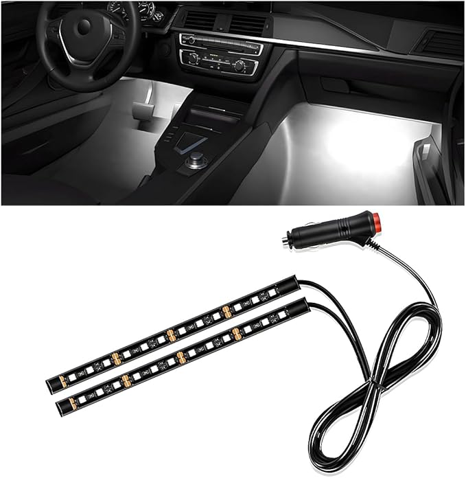 Car Interior LED Strip Light, 12V 24 LED Neon Ambient Night Light with Cigarette Lighter Plug, Automotive Atmosphere Decorative Under Dash Lighting Kit, Car Accessories (White)