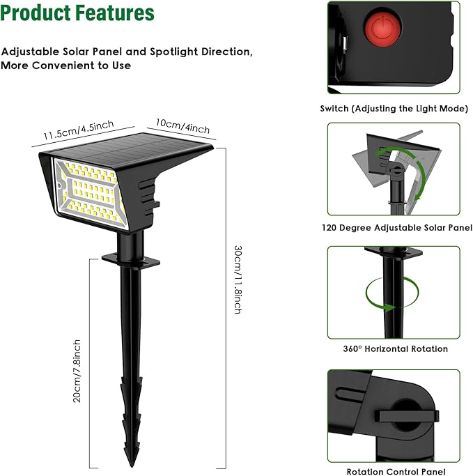 Solar Spot Lights Outdoor with 60 LED & Auto On/Off, 6 Pack Solar Lights Outdoor Waterproof IP68 with 3 Lighting Modes, 2-in-1 Solars Landscape Light for Outside, Garden, Yard(Warm White)