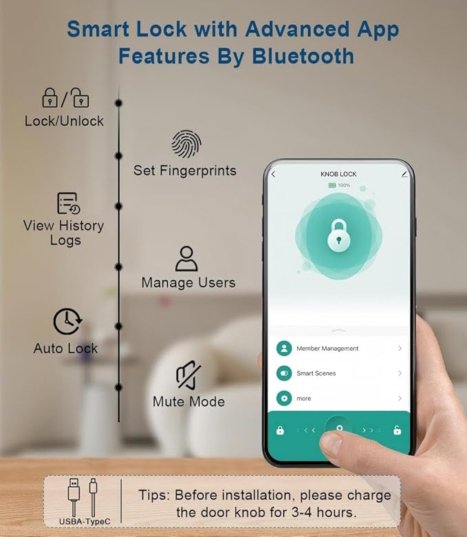 Fingerprint Door Lock, Smart Fingerprint Door Knob with Keypad, Biometric Door Lock with App Control, Auto Lock Door Lock with Code, Keyless Door Knob with Lock for Bedroom, Home-Burnished Silver