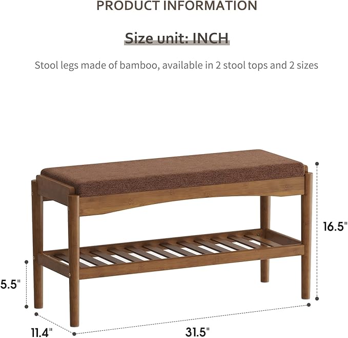 Shoe Bench Entryway Bamboo 2-Tier Shoe Rack with Cushion Padded Seat Shoe Bench Organizer Stable for Hallway, Living Room, Bedroom (31.5 * 11.4 * 16.5IN, Brown-Brown)