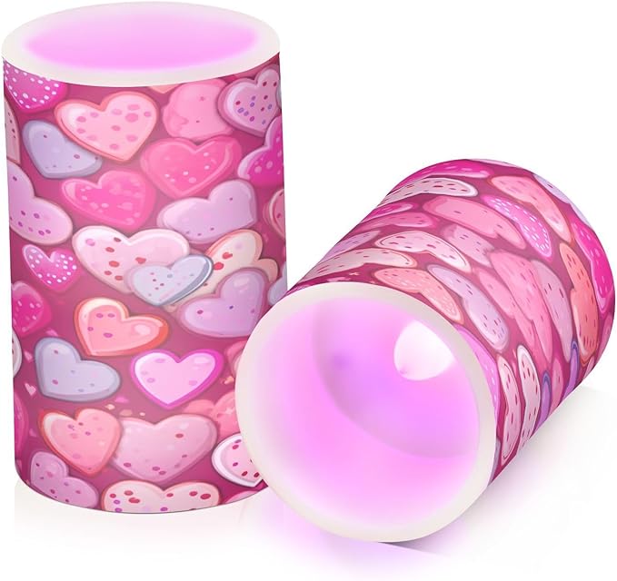 Doodle Pink and Purple Heart Flameless Candles Color Changing LED Candles with Remote Control Battery Candles for Outdoor and Indoor Home and Room Decoration, 3'' x 4''/5'' Set of 2 Pieces