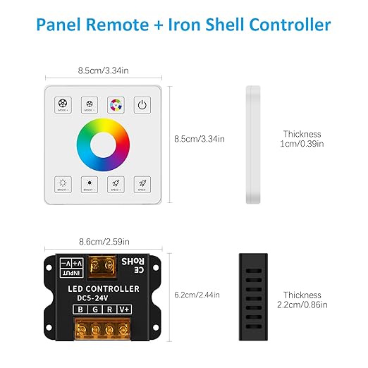 RGBZONE RGB LED Controller, RF Wireless Remote Control, Dimmable LED Wall Controller for DC5V/12V/24V 30A 5050 3528 5630 Light Strips