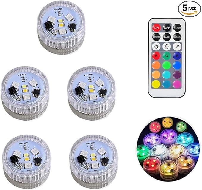 KEMANI Mini Submersible Led Lights, 5pcs Small Underwater Tea Lights Candles Waterproof with Remote Battery Operated, RGB Multicolor Changing for Wedding Home Party Festival Decoration