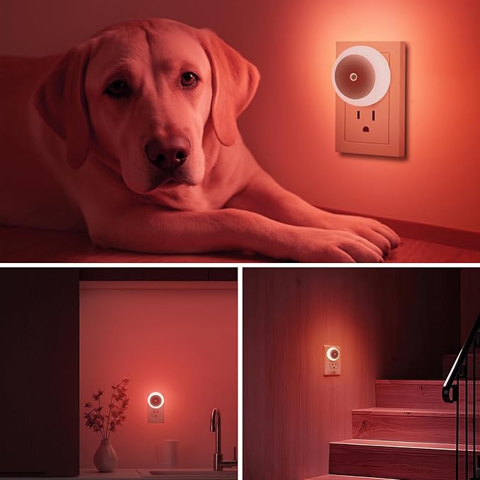 KINUR 6 Pack Red LED Plug into Wall with Dusk to Dawn sensors Plug in Night Lights for Kids Room, Bedroom, Bathroom, Stair Lights, Hallway Light