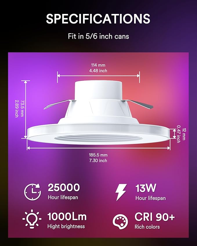 Grace Smart Recessed Lighting 6 Inch, RGBCW LED Can Lights with Night Light, Retrofit Downlight Works with Alexa/Google, 2700K-6500K Dimmable Color Changing Ceiling Light for Bedroom Living Room,4pack