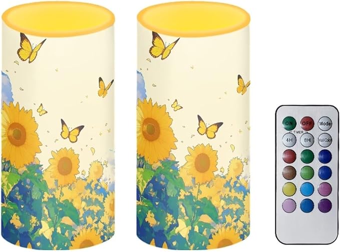 Sunflower Flameless Candles 2 Pack 6 x 3 inch Battery Operated Candles with Multicolor Timer Remote Control LED Fake Candles for Warm Light Dinner Table Home Decor