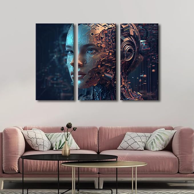 TUMOVO Humanoid Robot Pictures Print on Canvas 3 Panel Canvas Wall Art Artificial Intelligence Wall Decor for Living Room Giclee Futuristic Technology Artwork Wood Framed Ready to Hang, 36" Wx24 H