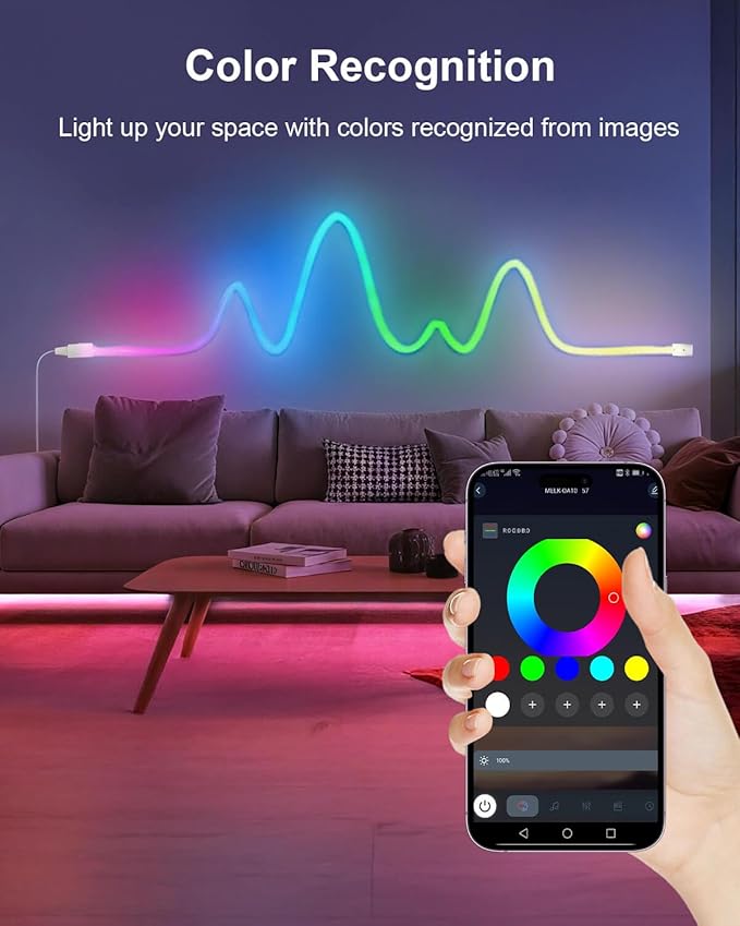 LED Neon Rope Lights, 16.4ft RGBIC 360° Luminous 5v USB Bluetooth APP Control Music Sync IR Remote Color Changing Smart LED Strip Lights for Bedroom Gaming Party Decor