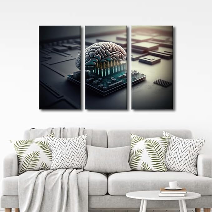 TUMOVO Bedroom Wall Decor 3 Pieces Canvas Wall Art Brains and Computer Chips Pictures for Home Decoration, Human Cyborg Brain Being Prints and Poster Framed Ready to Hang, 36" Wx24 H