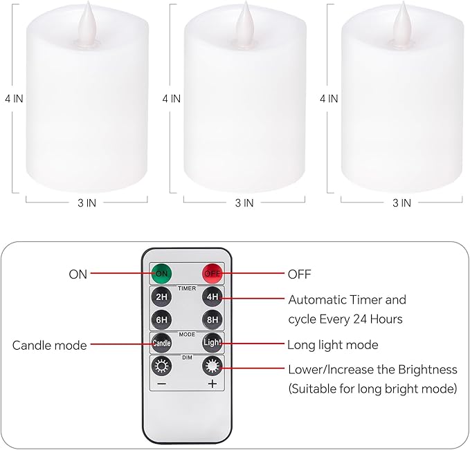 3x4 Flickering Flameless Candles Set of 3,Real Wax Pillar LED Battery Candles,with Timer,4 inch Flameless Candles with Remote,for Holiday Home Decor,White