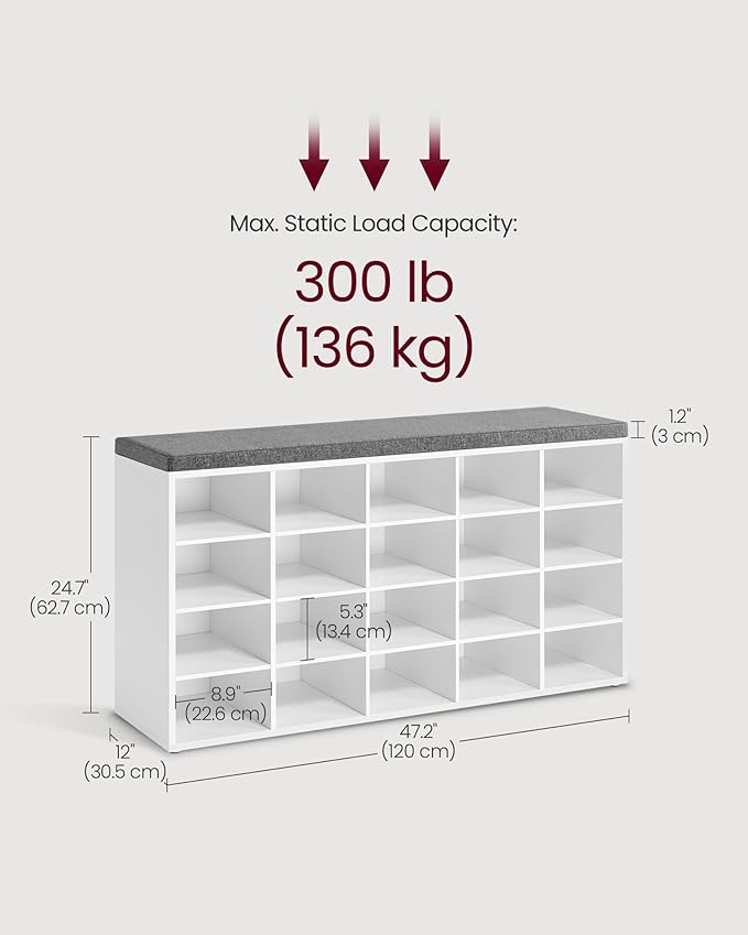 VASAGLE Custos Collection - Shoe Bench, Storage Bench with Padded Seat, Entryway Bench with 20 Compartments, for Bedroom, 12 x 47.2 x 24.7 Inches, Cloud White and Dove Gray ULHS045WB01