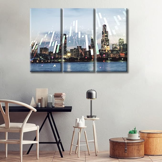 TUMOVO 3 Piece Chicago Skyline Background Forex and Investment Concept Pictures Wall Decor for Bedroom Business and Financial Concept House Decor Stretched and Framed Ready to Hang (42" Wx28 H)