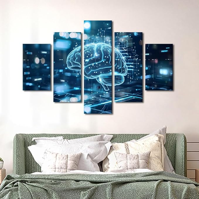 5 Panel Neural Network Connections on Blue Digital Background Canvas Art Prints Bedroom Wall Decor Poster and Prints House Decorations Living Room Digital Human Brain Paintings Artwork 60"Wx40"H