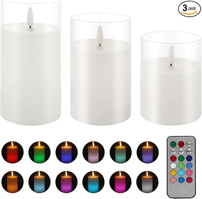 Color Changing Flameless Candle - Glass Flameless Candles with Timer, Battery Operated Candles with 18-Key Remote, Real Wax Flickering LED Pillar Candles for Wedding Party Home Decor (Multicolor)