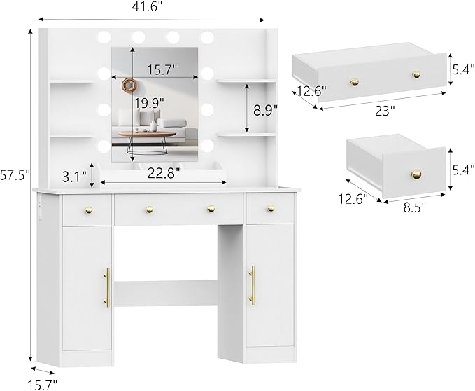 Makeup Vanity Desk with Mirror and Lights, 43" White Vanity Set with 3 Drawers, Power Outlet & Adjustable RGB LED Lights, Dressing Table with Storage Shelf for Women & Girls Bedroom