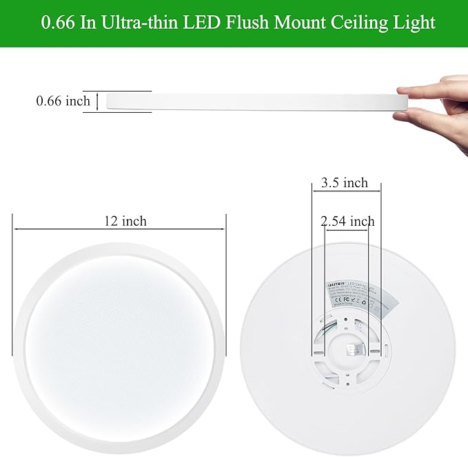 LED Flush Mount Ceiling Light Fixture, 24W 12Inch 3000K/3500K/4500K/5000K/6500K 5 Color Changeable 2880LM Low Profile Ceiling Light for Bedroom, Living Room, Dining Room,White 2 Packs