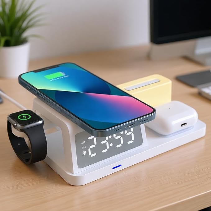 IHAO 6in1Digital Alarm Clock with Wireless Charging Station Night Light 15W Fast Charging for Qi Phone Headphone Bracket for iWatch LED Display Dimmable Brightness-HT309 White