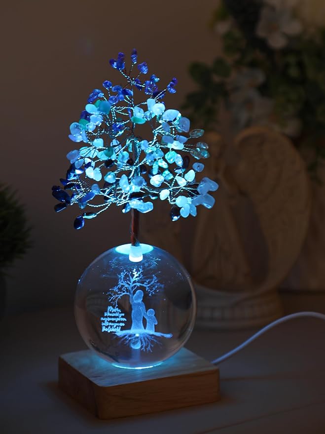 Crystal Tree of Life, 7 Chakra Healing Tree with Multicolor Night Light Crystal Ball for Meditation Relaxation, Spiritual Gift for Women, Mother (3D Mom & Kid Figurines)