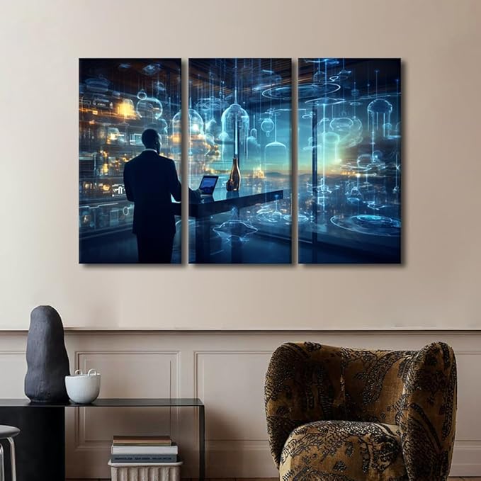 3 Panel Artificial Intelligence and Data Analytics Pictures Print on Canvas for Home Office Hotel Wall Decorations, Wooden Framed Gallery-Wrapped Ready to Hang, 60" Wx40 H