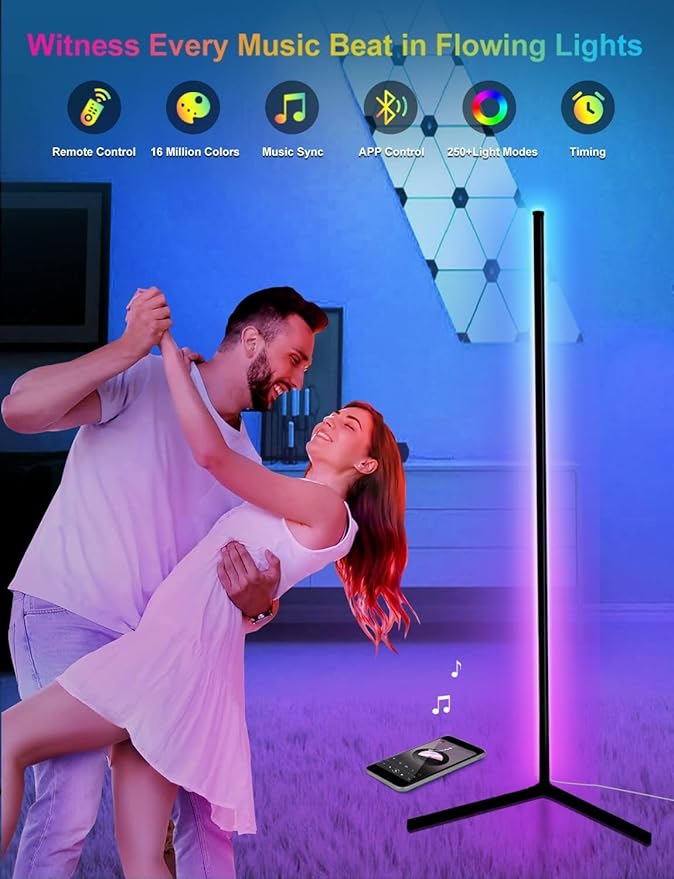 Corner Floor Lamp,65”Color Changing LED Floor Lamp with Music Sync,Modern Mood Lighting Corner Lamp with Remote&App Control,Creative DIY Mode&Timing,RGB Floor Lamps for Living Room Gaming Room-2PCs