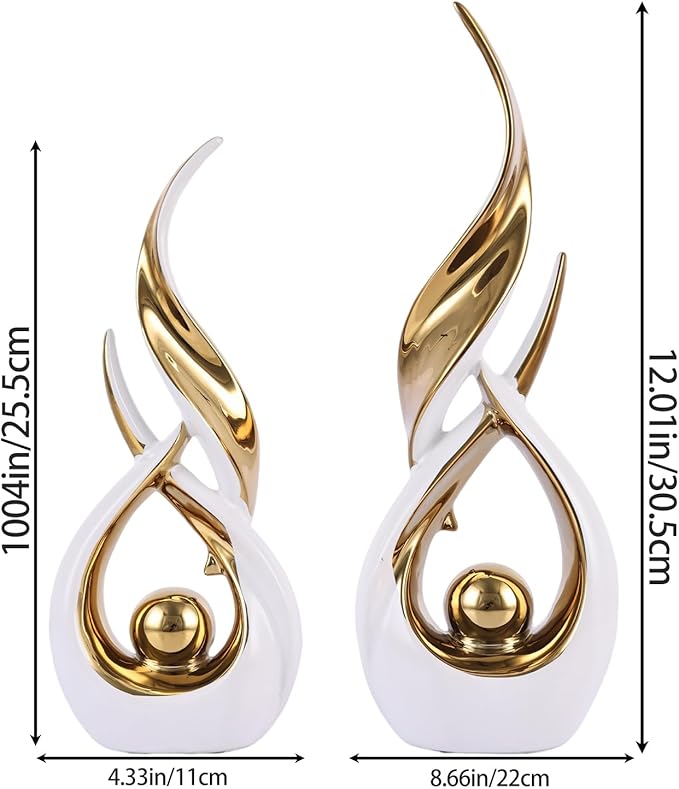 2-Piece Abstract White and Gold Home Decor, Ceramic Abstract Sculpture, Modern Art Piece, Suitable for Room Coffee Table Countertops, Office Bookshelves, Dining Table Centers, Entryway Decor.