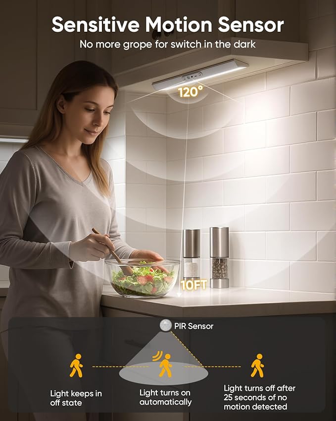 Motion Sensor Closet Lights, Eye Protection Design Cabinet Lighting Wireless with Remote, 3 Color Temps & Dimmable, Magnetic, Rechargeable LED Closet Lighting for Kitchen, Wardrobe, Pantry, 2 Pack
