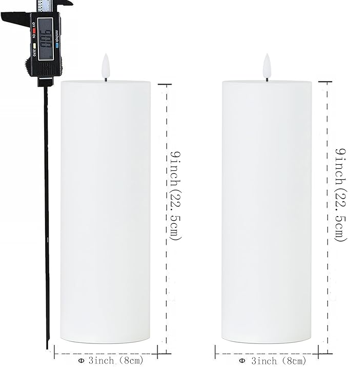 White Flameless Candles Set of 2 (3x9 inch) Flickering LED Wax Candles Battery Operated with Remote Control Timers for Fall Decor/Night Light/Fireplace/Party Dimmable Pillars Flat top