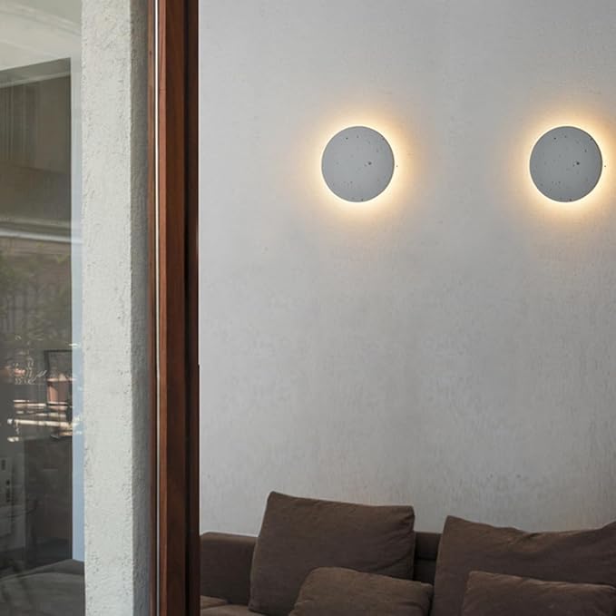 DUHU Led Wall Sconce Round,Grey Cement Wall Lamp Hardwired,Minimalist Wall Mount Light with Sleek Finish Design,Modern Indoor Sconces Lighting for Bedroom,Living Room,Hallway,12w 3000k,Warm White