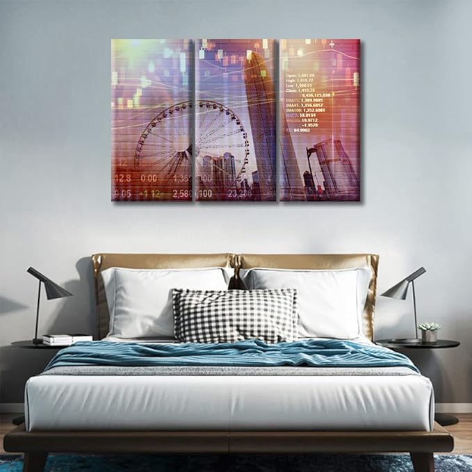 TUMOVO 3 Panels Office Decor Stock Market Picture Wall Art for Living Room Stock Market on Display Black and White Wall Art Smart City Posters and Prints Framed Ready to Hang (42" Wx28 H)