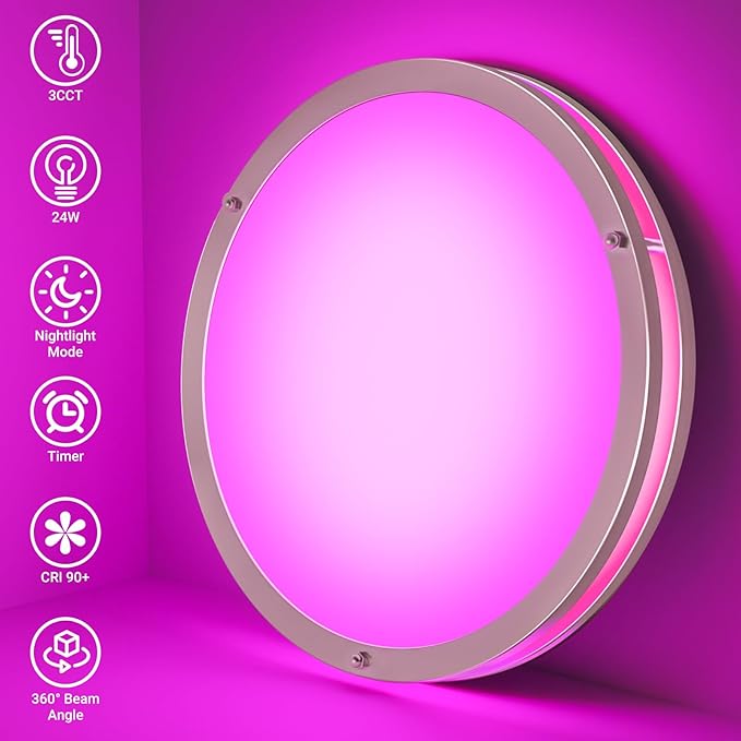 libtit 13 Inch RGB Flush Mount Ceiling Lights with Remote, 24W 3000K-6500K&Dimmable, LED Light Fixture with Nightlight and Timer for Bedroom Livingroom Bathroom- Brushed Nickel