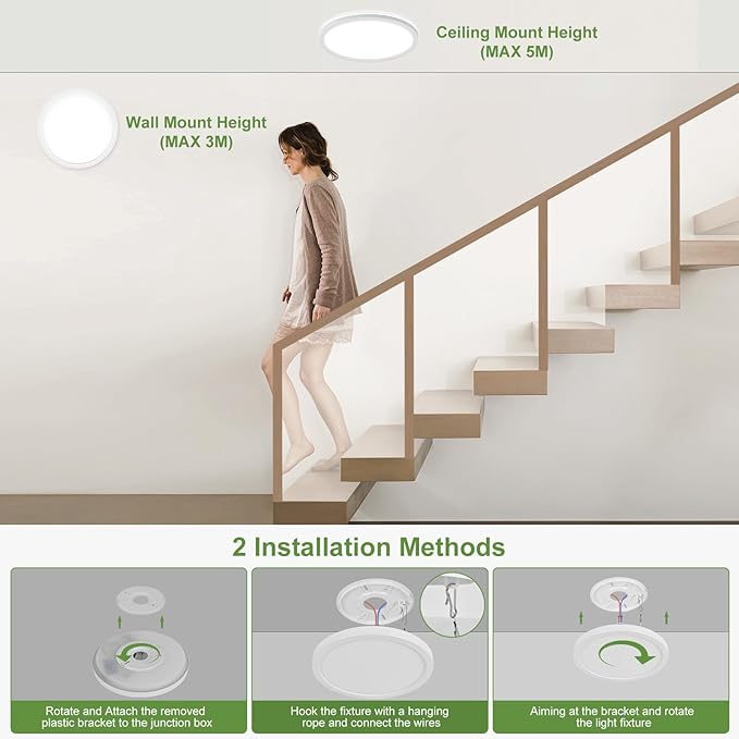 24W Motion Sensor LED Ceiling Light Wired, 2400lm 12Inch 2700K/4000K/6500K IP54 Flush Mount Lighting Fixture with Remote, Radar Motion Activated Ceiling Lamp for Hallway Laundry Porch Stair Closet