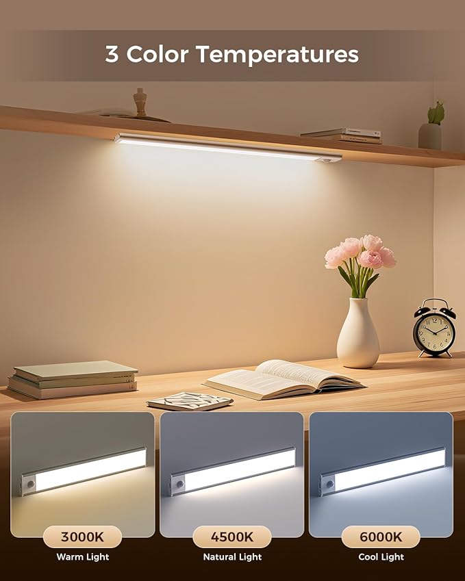 2 Pack 11.8" Motion Sensor Cabinet Light, Under Cabinet Lighting with 4 Modes (Auto Night/Day/Always On/Off), 3 CCT & Stepless Dimming, USB Type-C Charging, for Kitchen, Stairs
