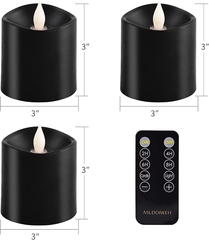 3x3 Flickering Flameless Candles Set of 3, 2AA Battery Life 600 Hours Battery Candles Flickering with Timer, 3 inch Flameless Candles with Remote for Indoor/Outdoor, Black