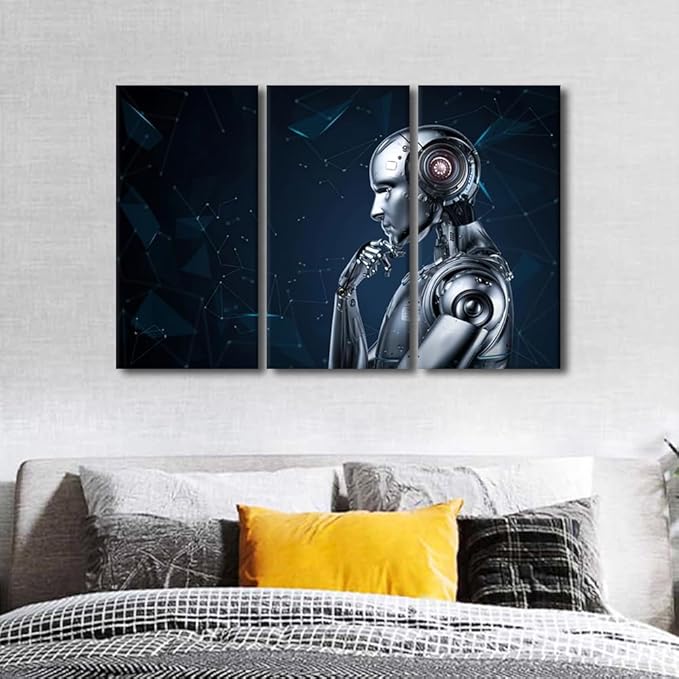 TUMOVO Robot Wall Art AI Intelligence Canvas Art Prints Artwork 3 Pieces Canvas Wall Art Wall Decor AI Posters and Prints Contemporary Home Decor Framed Ready to Hang, 42" Wx28 H