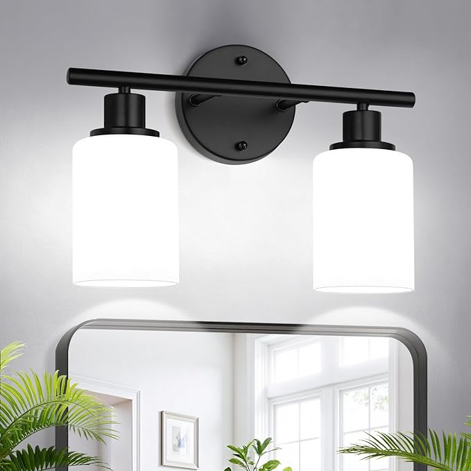 2-Light Bathroom Light Fixtures,Black Modern Vanity Lights with Milky White Frosted Glass Shades,Bathroom Wall Lamp for Mirror Kitchen Living Room Hallway Cabinet Porch