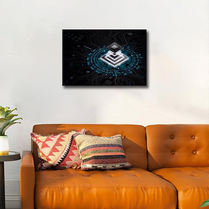 TUMOVO Internet Concept Wall Art CPU Pictures Print On Canvas Digital Age Modern Artwork Wall Art for Living Room Office Giclee Gallery Wrapped Posters and Prints Framed Ready to Hang, 24x16in